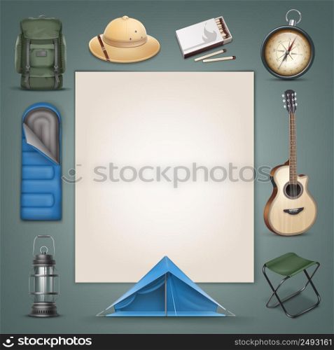 Vector camping stuff big green backpack, safari hat, blue sleeping bag, tent, lantern, compass, box of matches, guitar, folding chair and copyspace isolated on background. Vector Camping stuff