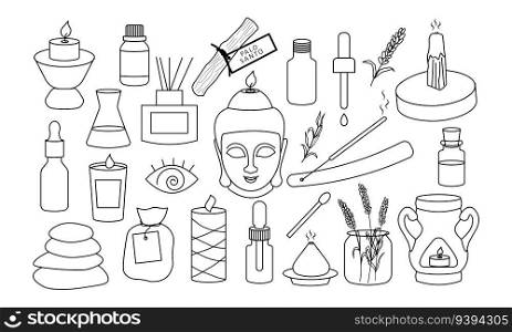 Vector candles and aromatherapy tools and line set. Lavender, salt, oil, palo santo, stones, diffusor and candle Buddha. Vector illustration. Vector candles and aromatherapy tools and line set. Lavender, salt, oil, palo santo, stones, diffusor and candle Buddha