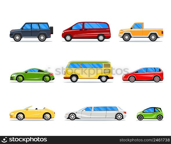 Vector car icons in flat style. Jeep and cabrio, limousine and hatchback, van and sedan illustration. Vector car icons in flat style