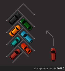 Vector car parking on a parking lot with other whicles top view illustration. Vector car parking lot top view illustration