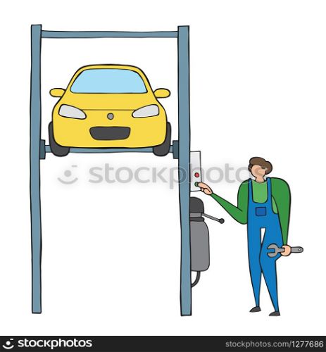 Vector car repair, repairman lifted car on auto lift. Hand drawn illustration. Black outlines and colored.