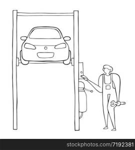 Vector car repair, repairman lifted car on auto lift. Hand drawn illustration. Black outlines and white background.