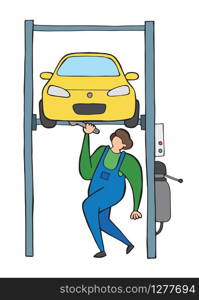 Vector car repairman lifted car o auto lift and fixing. Hand drawn illustration. Black outlines and colored.