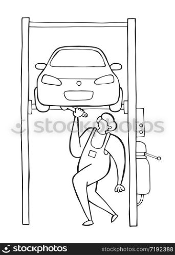 Vector car repairman lifted car o auto lift and fixing. Hand drawn illustration. Black outlines and white background.
