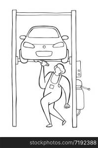 Vector car repairman lifted car o auto lift and fixing. Hand drawn illustration. Black outlines and white background.