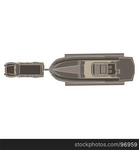 Vector car trailer with boat flat icon isolated top view illustration. Big black delivery flatbed truck tourism
