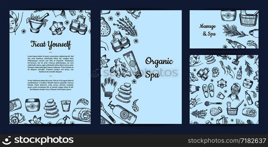 Vector card, banner and poster hand drawn spa elements branding identity set for massage and spa salon illustration. Vector hand drawn spa elements branding identity set for massage and spa salon illustration