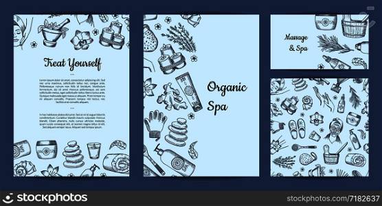 Vector card, banner and poster hand drawn spa elements branding identity set for massage and spa salon illustration. Vector hand drawn spa elements branding identity set for massage and spa salon illustration