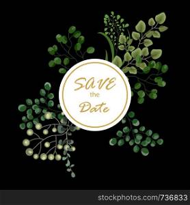 Vector card floral design with green watercolor fern leaves tropical forest decorative frame, border. Elegant beauty cute greeting, wedding invite, postcard template. Save thr date lettering