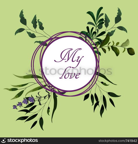 Vector card floral design with green watercolor fern leaves tropical forest greenery herbs decorative frame, border. Elegant beauty cute greeting, wedding invite, postcard template. My love lettering