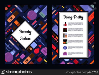 Vector card, flyer, brochure template for beauty brand,presentation with flat style makeup and skincare background with framed rectangles with place for text illustration. Vector card, flyer, brochure template for beauty brand,presentation with flat style makeup and skincare