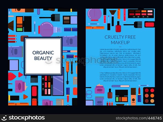 Vector card, flyer, brochure template for beauty brand,presentation with flat style makeup and skincare background illustration. Vector card, flyer, brochure template for beauty brand
