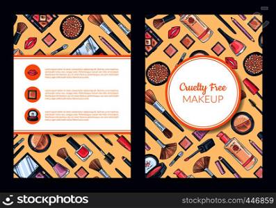 Vector card, flyer, brochure template for beauty brand, presentation with hand drawn makeup background, framed circle and rectangle with shadows illustration. Vector card, flyer, brochure template for beauty brand, presentation with hand drawn makeup background