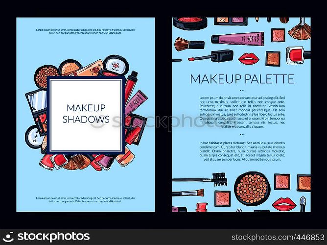 Vector card, flyer, brochure template for beauty brand, presentation with hand drawn makeup background illustration. Vector card, flyer, brochure template for beauty brand