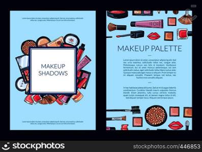 Vector card, flyer, brochure template for beauty brand, presentation with hand drawn makeup background illustration. Vector card, flyer, brochure template for beauty brand