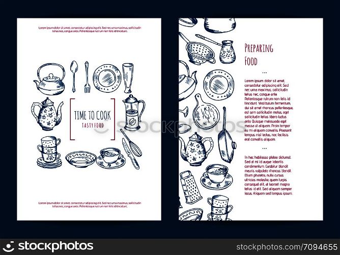 Vector card, flyer or brochure template for kitchen accessories shop or cooking classes with hand drawn kitchen utensils illustration. Vector card, flyer or brochure template for kitchen