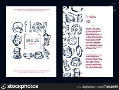 Vector card, flyer or brochure template for kitchen accessories shop or cooking classes with hand drawn kitchen utensils illustration. Vector card, flyer or brochure template for kitchen