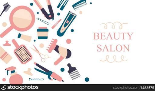 Vector card for hair salon. Hair instruments and elements on white background