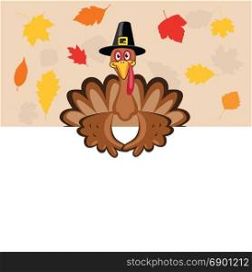 vector card for thanksgiving day with turkey, blank space and autumn leaves