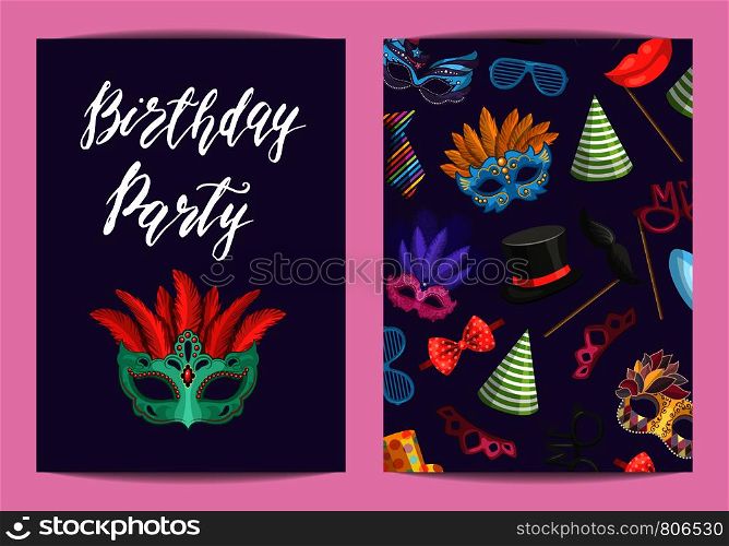 Vector card or flyer template with masks and party accessories with place for text illustration. Vector card or flyer template with masks and party accessories