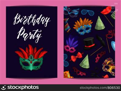 Vector card or flyer template with masks and party accessories with place for text illustration. Vector card or flyer template with masks and party accessories