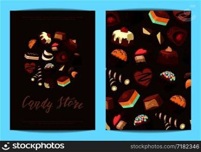 Vector card or flyer templates set for with cartoon chocolate candies and place for text illustration. Vector card or flyer set for with cartoon chocolate candies