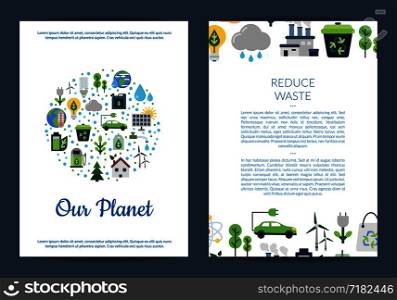 Vector card or flyer templates set for with place for text and with ecology flat icons illustration. Vector card or flyer templates set with ecology flat icons illustration