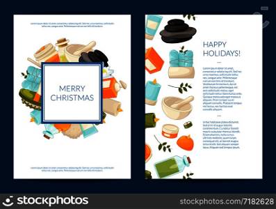 Vector card or flyer templates set with cartoon beauty and spa elements with place for text illustration. Vector card or flyer templates set with cartoon beauty and spa elements