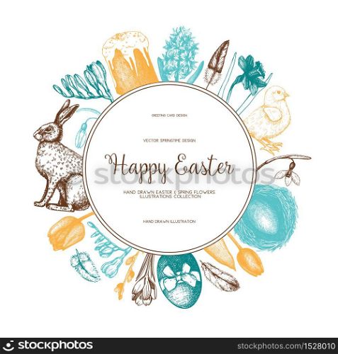 Vector card or invitation design with cute hand drawn illustrations for easter design. Happy Easter Day vintage template on chalkboard