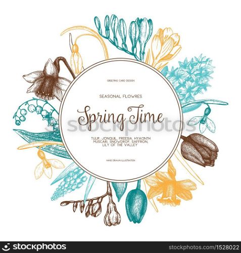 Vector card or invitation design with hand drawn spring flowers illustrations. Vintage template on white background. Botanical sketch.
