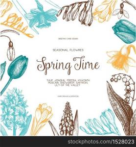 Vector card or invitation design with hand drawn spring flowers illustrations. Vintage template on white background. Botanical sketch.