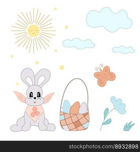 Vector card rabbit, bunny, butterfly, eggs Easter in bascket, sun, cloude. Doodle style illustration. For card, poster, coves, postcards, scrapbooking, textile, fabric, craft paper, notebook, fabric.. Vector card rabbit, bunny, butterfly, eggs Easter in bascket, sun, cloude. Doodle style illustration