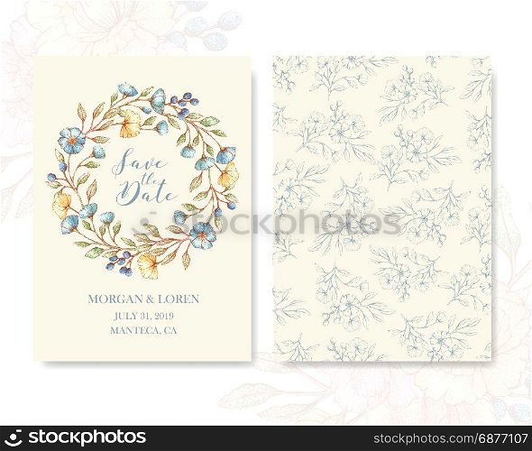 Vector card template in pastel vintage style with floral frame. Can be used for greetings, wedding, birthday, valentine day, posters, flyers, brochures, invitation cards. . Greeting Cards template