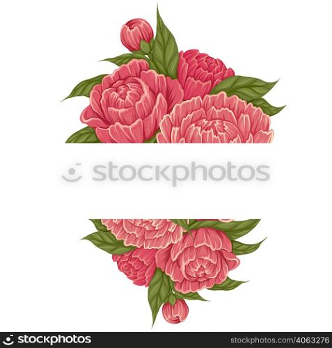 Vector card template with cartoon illustration of peony flowers with foliage and copy space. Postcard with natural frame of floral bouquet and place for text. Botanical border for invitation. Vector card template with cartoon illustration of peony flowers with foliage and copy space. Postcard with natural frame of floral bouquet