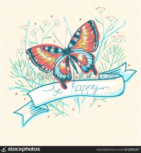 vector card with a colorful butterfly and abstract plants