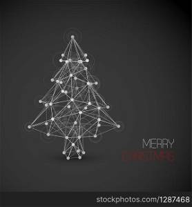Vector card with abstract christmas tree made from lines and dots (low poly art) - dark version. Vector card with abstract christmas tree