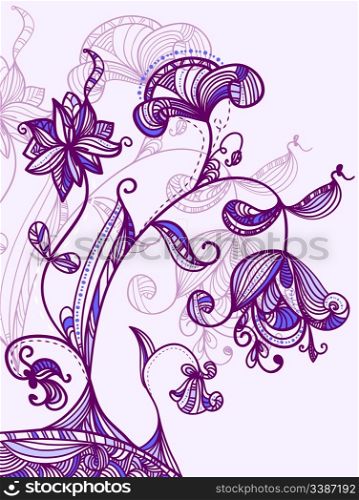 vector card with beautiful hand drawn flowers in blue and violet, clipping masks