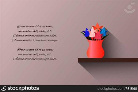 Vector card with bouquet of origami paper tulips in a vase with place for text for your design and your creativity. Vector card with bouquet of origami paper tulips in a vase with