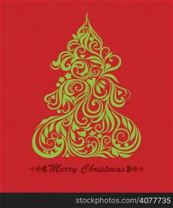 Vector card with christmas tree on the curly red seamless background