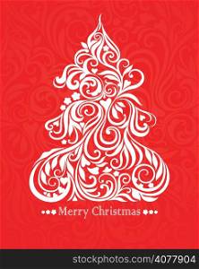 Vector card with christmas tree on the red background
