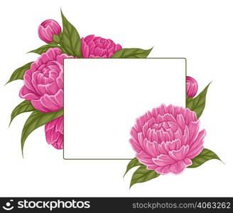 Vector card with colorful illustration of peony and copy space. Natural template postcard with cartoon floral bouquet with place for text. Botany clipart with bush and flowers for invitation. Vector card with colorful illustration of peony and copy space. Natural template postcard with cartoon floral bouquet