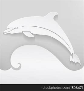 Vector card with dolphin. Abstract silhouette. 3D elements with shadows and highlights. Paper cut.