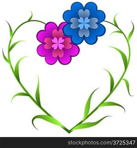 Vector card with flowers forming heart shape symbolizing love in outline drawing style.