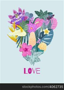 Vector card with heart shaped tropical flowers and leaves, hand drawn vector art