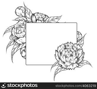 Vector card with monochrome sketch illustration of peony flowers and copy space. Natural template postcard with contour ink floral bouquet with hatching. Botany clipart with bush for invitation. Vector card with monochrome sketch illustration of peony flowers and copy space. Natural template postcard