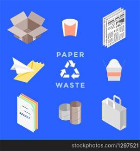 vector cardboard package newspapers letters papers tubes bags recycle wastepaper management set. recycle paper waste management set