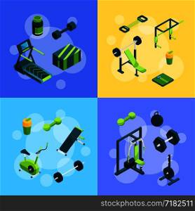 Vector cards of set isometric gym objects equipment concept illustration. Vector isometric gym objects concept illustration