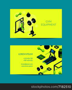 Vector cards with isometric gym equipment objects for gym illustration. Vector isometric gym objects for gym illustration