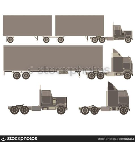 Vector cargo trucks with trailers. Fast service delivery of goods. Vehicle long-term transportation . Lorry product shipping transport. Auto style cartoon isolated on white background.