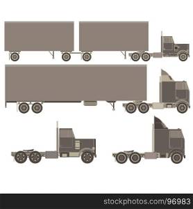 Vector cargo trucks with trailers. Fast service delivery of goods. Vehicle long-term transportation . Lorry product shipping transport. Auto style cartoon isolated on white background.